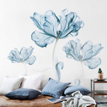 Elegant Blue Big Flower Wall Decals Living Room..