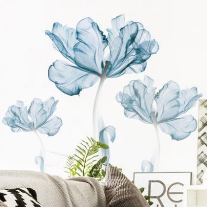 Elegant Blue Big Flower Wall Decals Living Room..