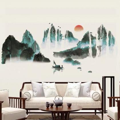 Chinese Style Blue Mountain And Boat Wall..