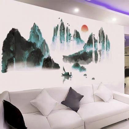 Chinese Style Blue Mountain And Boat Wall..