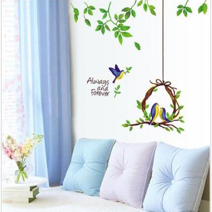 Cute Bird In Nest With Green Leaf Wall Stickers..