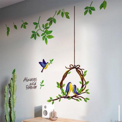 Cute Bird In Nest With Green Leaf Wall Stickers..