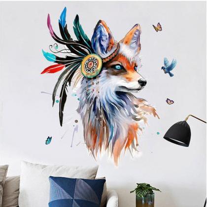 Elegant Wolf Head Colorful Feathers Wall Sticker -..