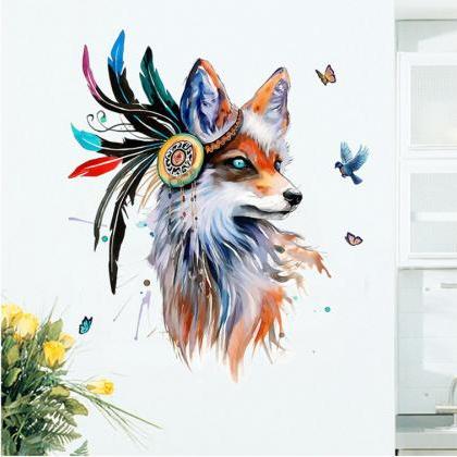 Elegant Wolf Head Colorful Feathers Wall Sticker -..