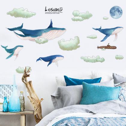 Blue Whales Stickers - Water Flower Fish Decals -..