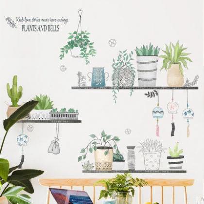 Green Fresh Potted Plants On Shelf Wall Decals -..