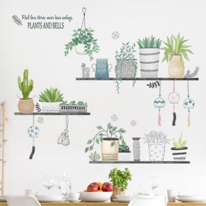 Green Fresh Potted Plants On Shelf Wall Decals -..