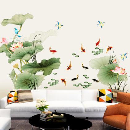 Large Green Lotus With Red Carp Wall Stickers..
