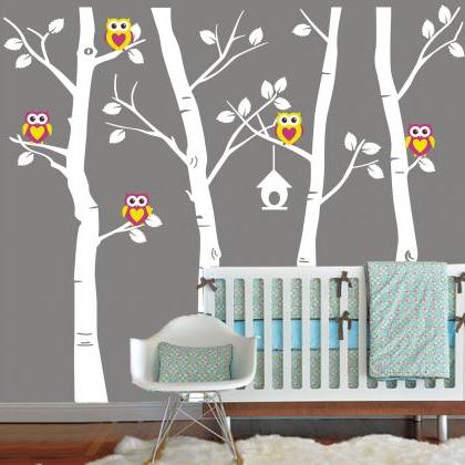 Nursery Vinyl Wall Decal Cute Owl Family Birch..