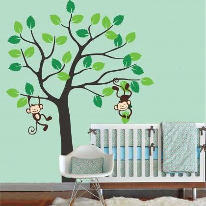 Vinyl Wall Decals Simple Tree With Cute Monkey..