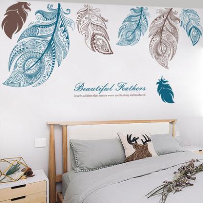 Large Beautiful Feathers Wall Decals - Blue Brown..