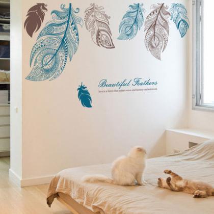 Large Beautiful Feathers Wall Decals - Blue Brown..