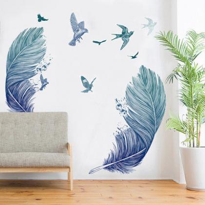 Two Blue Big Feathers With Birds Wall Stickers..