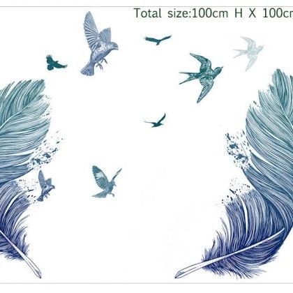Two Blue Big Feathers With Birds Wall Stickers..