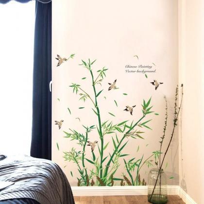 Green Bamboo Tree And Flying Birds Wall Sticker..