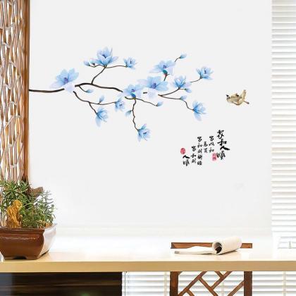 Elegant 3d Blue Flower Branch & Bird..