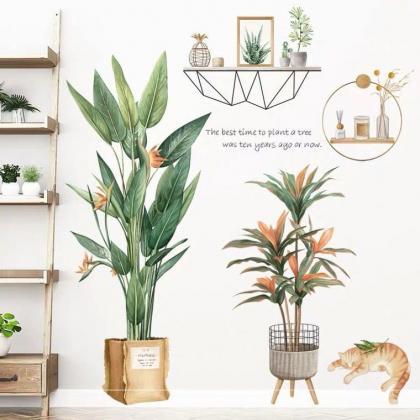 Flower Potted Plant And Cat Wall Sticker Green..