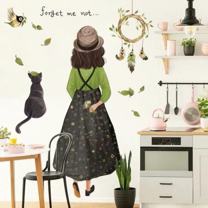 Back View Of Girl And Cat Wall Decals, Cute Little..