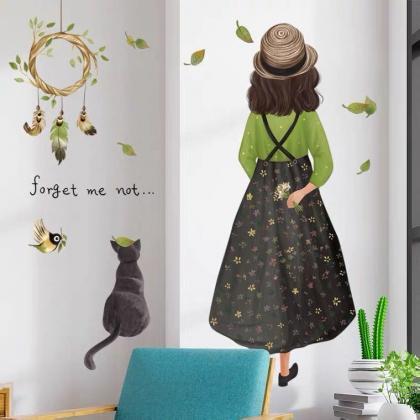 Back View Of Girl And Cat Wall Decals, Cute Little..