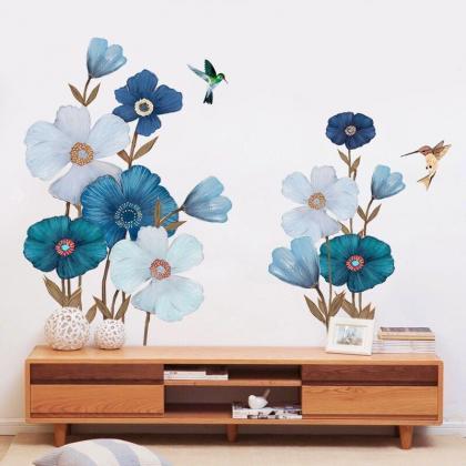 Elegant Blue Flower Wall Sticker Chinese Style..
