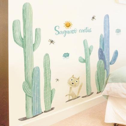 Cute Kitty Cat With Cactus Wall Sticker Green And..