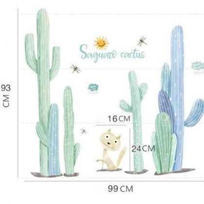 Cute Kitty Cat With Cactus Wall Sticker Green And..