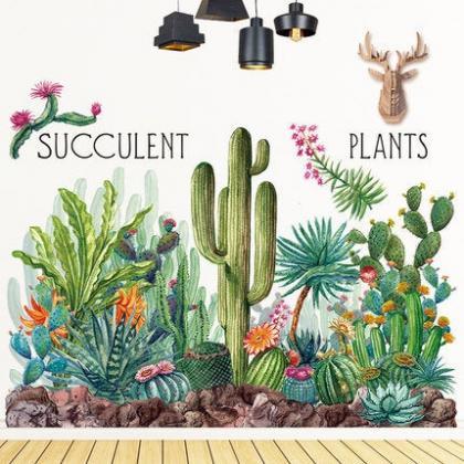 Tropical Green Cactus Wall Stickers Art Print..