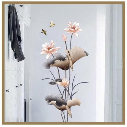 Pink Lotus With Yellow Leaf Wall Sticker Nature..