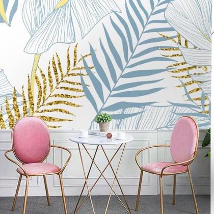 Elegant Sky Blue And Golden Palm Leaf Wallpaper..