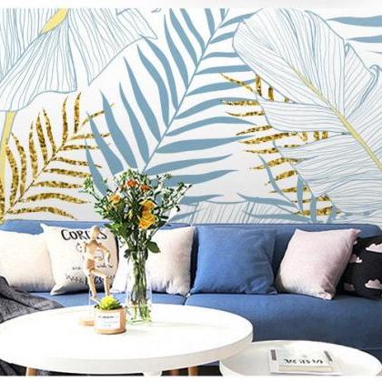 Elegant Sky Blue And Golden Palm Leaf Wallpaper..