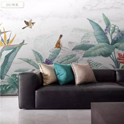 Large Tropical Green Banana Leaf And Birds..