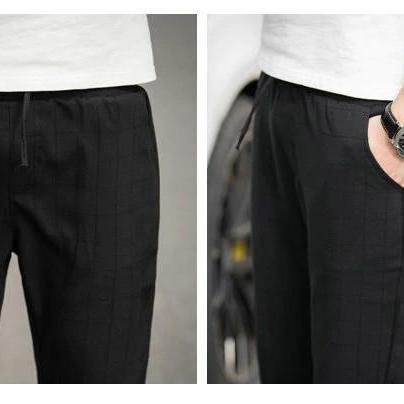 Casual Ankle-length Plaid Pants Men Trousers..