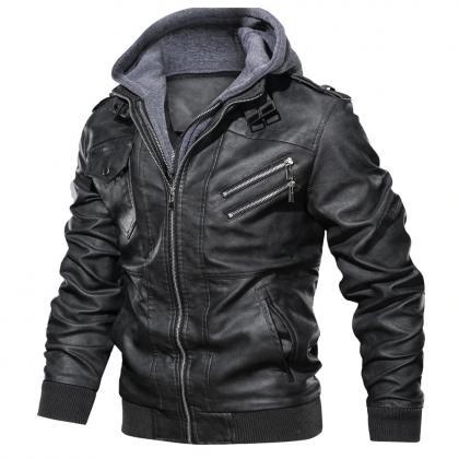 Leather Jackets Men Autumn Winter Casual Hooded..
