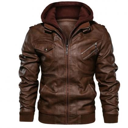 Leather Jackets Men Autumn Winter Casual Hooded..