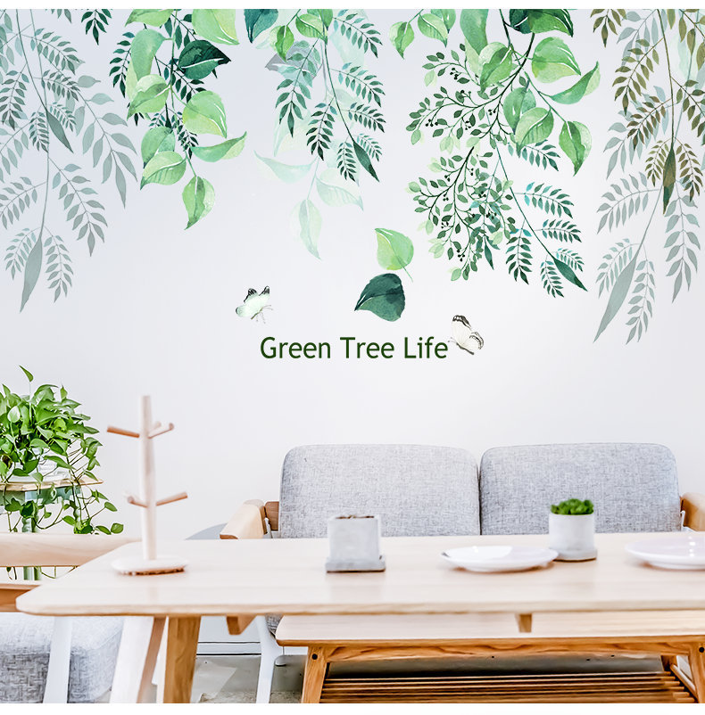 Large Tropical Green And Grey Leaf Wall Stickers - Hanging Leaves Vines Life Quotes Decals - Living Room Couch Background Decoration