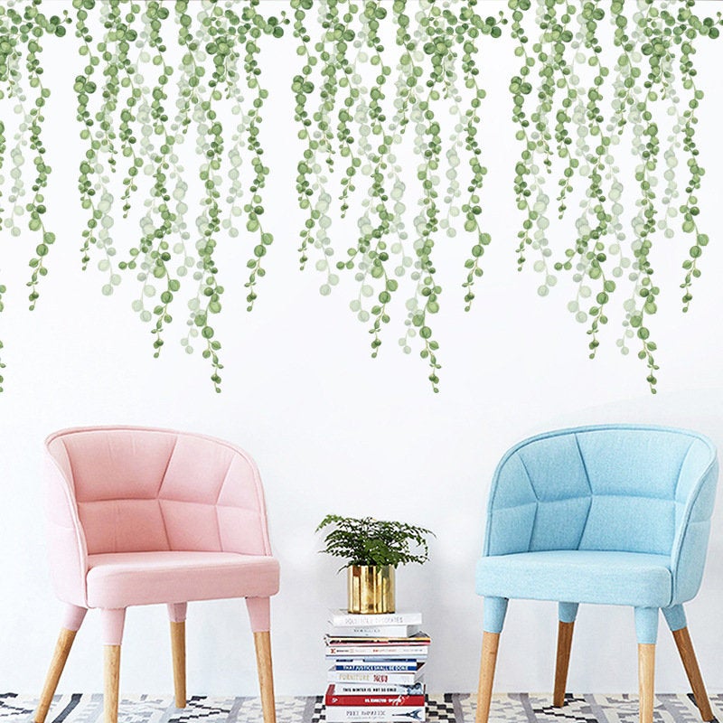 Cute Dropping Pine Green Pearl Leaf Wall Stickers - Nature Plants Living Room Decal - Hang Leaves Home Decor - Peel Stick Greenery Botany -