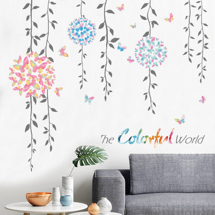 Colorful Hanging Leaf Branch Butterflies Wall Stickers - Nature Spring Decals - Living Room Couch Background Decoration - Plants Home Decor