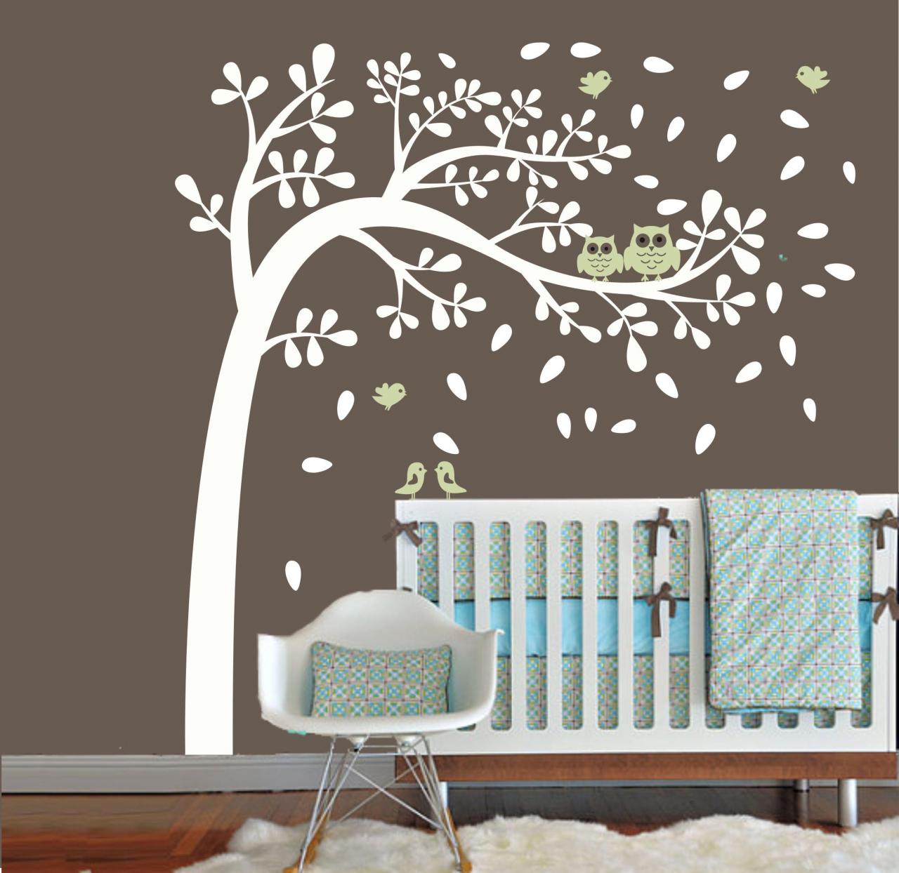 Vinyl Wall Decal Wind Flying Leaf Tree With Cute Bird Owl Mommy Birds Home House Art Wall Decals Wall Sticker Stickers Baby Room Kid H825