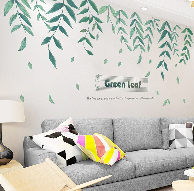 Green Weeping Willow Leaf Wall Stickers - Greenery Lover Decals - Living Room Couch Background Decoration - Fresh Green Plants Home Decor