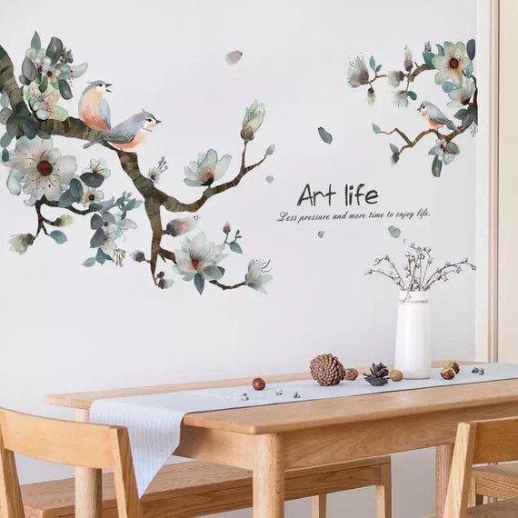 Sakura Plants Decal - Tropical Green Decals - Tree Branch Birds Art Life - Removable Vinyl Wall Sticker - Floral Living Room Home Decor