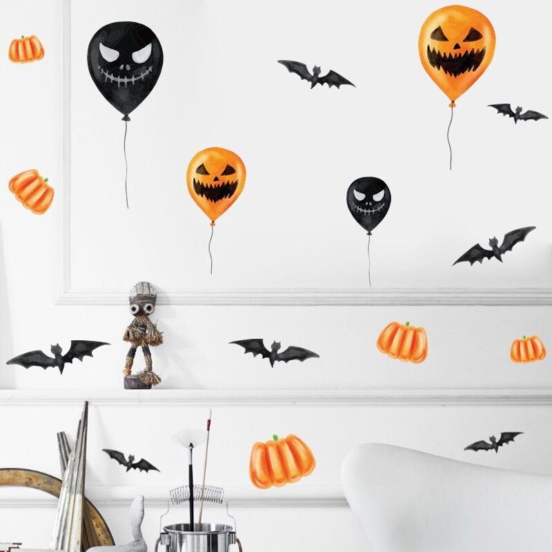 Halloween Fun Bats With Horror Face Balloon Wall Decal - Cute Kids Room Wall Stickers - Unique Baby Room Home Decor - Peel And Stick Murals