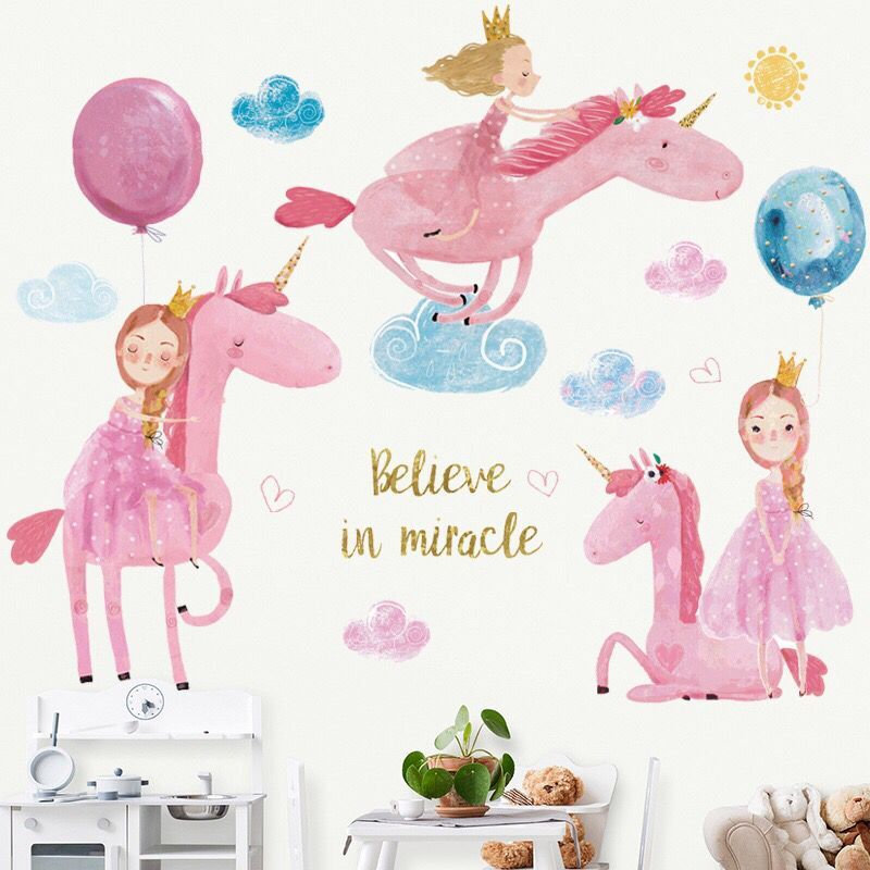 Pink Girls Unicorn Wall Decal - Cute Animal Living Room Wall Stickers - Princess Girls Room Home Decor - Peel And Stick Kids Fun Balloon