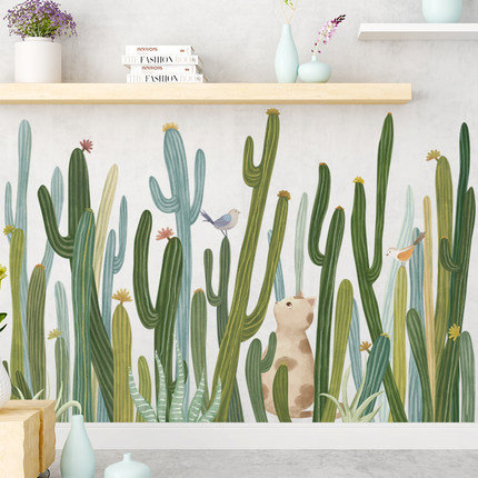 Fresh Tropical Green Cactus Wall Decals With Cute Cat And Bird Home Decor Wall Art Mural Removable Wall Stickers Like Painted Greenery Plant