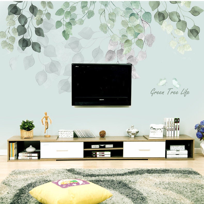 Large Green Swaying Branch Leaf Wall Stickers - Greenery Lover Decals - Living Room Couch Background Decor - Natural Plants Home Decor