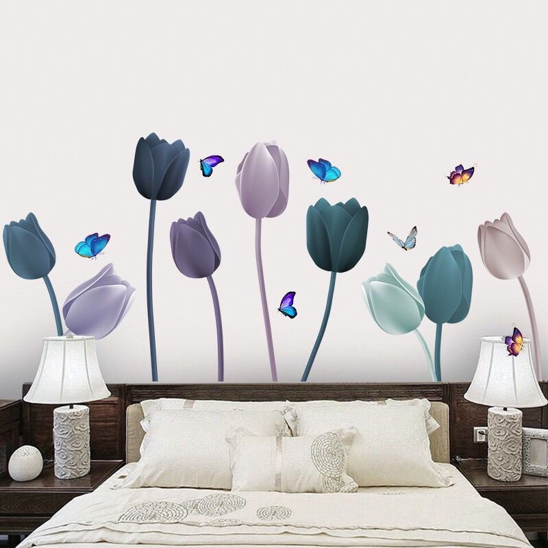Blue 3d Style Flower Wall Decals , Living Room Girls Well Decor, Romantic Floral Butterfly Wall Stickers ,peel And Stick ,bedroom