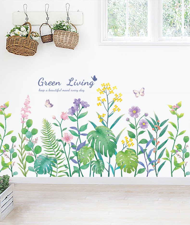 Growing Lush Purple Flowers Green Leaf Living Room Decal - Nature Floral Home Decor - Plants Mural - Removable Girls Room Wall Stickers