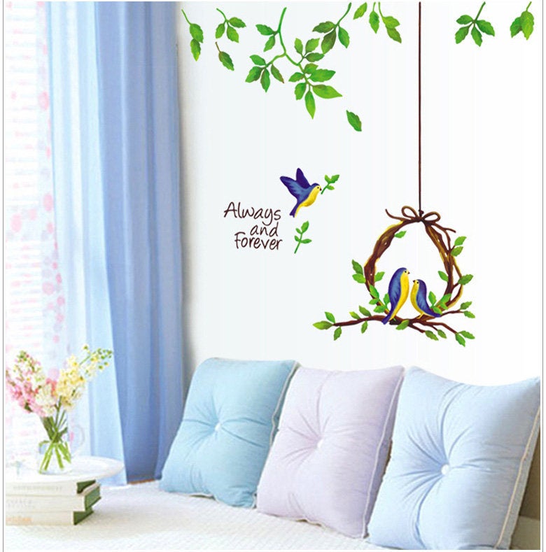 Cute Bird In Nest With Green Leaf Wall Stickers Simple Spring Style Living Room Decals Quotes Home Decor Baby Kids Bed Room Nursery Murals