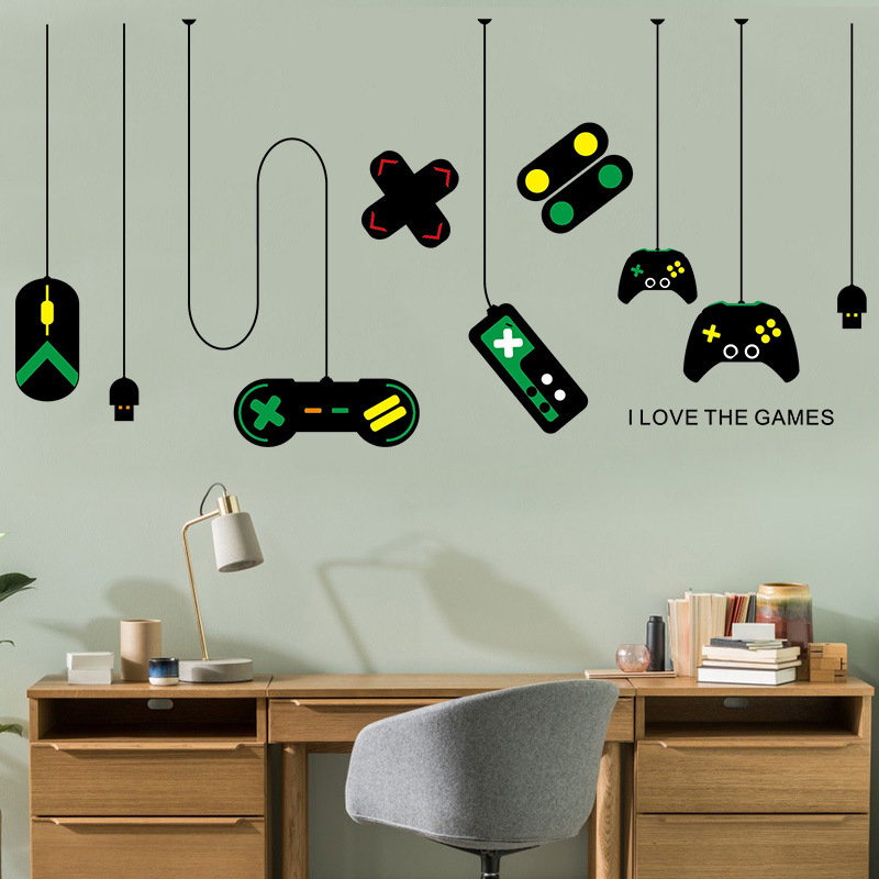 Boys Hanging Gamepad Game Room Wall Stickers Bedroom Home Decor Black Mouse And Lines Wall Decals Baby Cot Mural Study Room