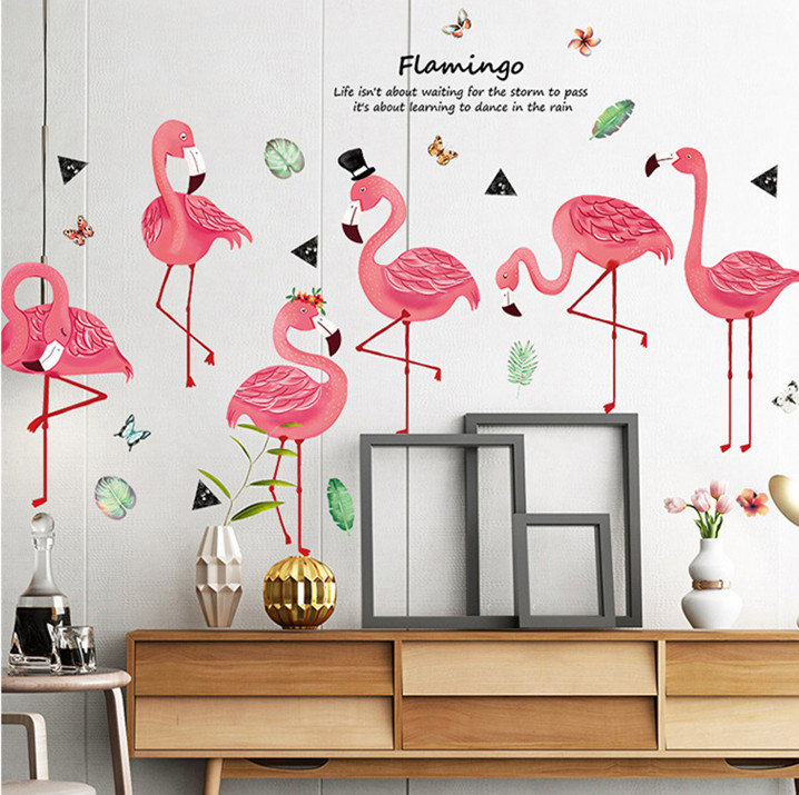 Six Pink Flamingo Friends Wall Stickers , Girls Bedroom Home Decor , Bird Animal Decal, Peel And Stick Mural Removable , Art Kids