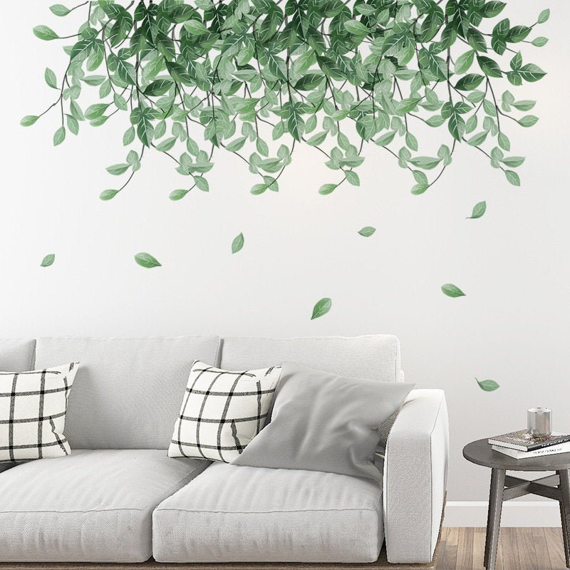 Hanging Flow Green Leaf Branch Wall Decal - Drop Plants Living Room Wall Stickers - Tropical Leaves Home Decor - Nature Botany Peel Stick